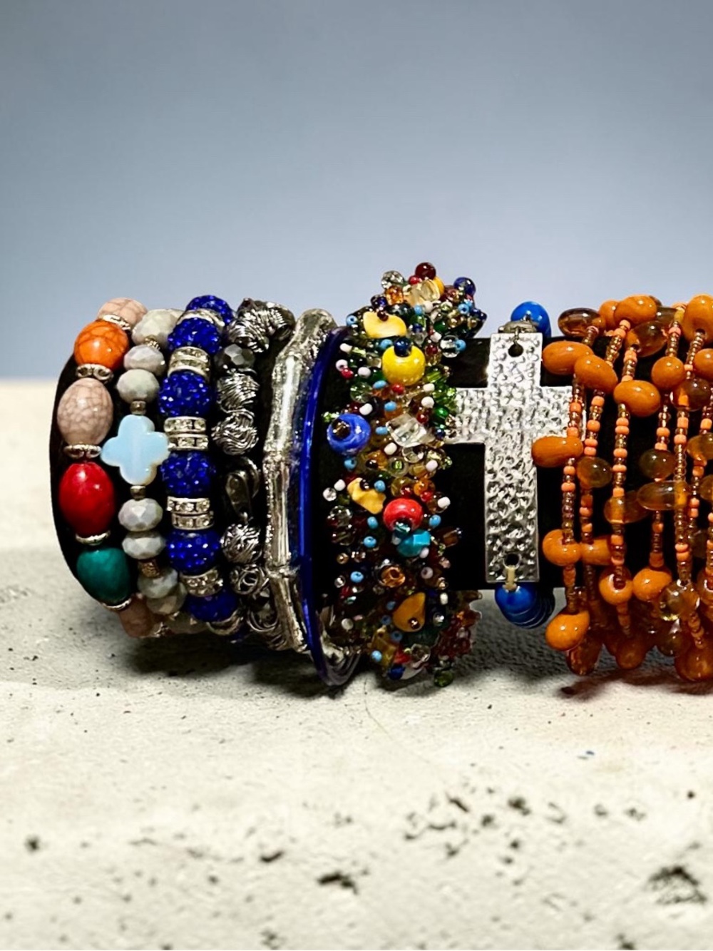 Signature Faith Bohemian Beaded Bracelet Stack Silver Cross Religious Textured